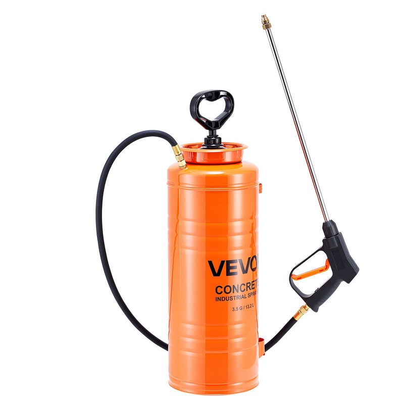 VEVOR Industrial Concrete Sprayer, 14L Stainless Steel Sprayer, Heavy Duty Tri-Poxy Pump Sprayers, 52cm Wand with Ergonomic Gun Handle, 1.2m & 3m Hoses, 2 Brass Nozzles for Construction, Garden