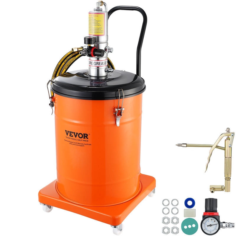 VEVOR Grease Pump, 40L Capacity, Air Operated Grease Pump with 3.88 m High Pressure Hose and Grease Gun, Pneumatic Grease Bucket Pump with Wheels, Portable Lubrication Grease Pump 50:1 Pressure Ratio