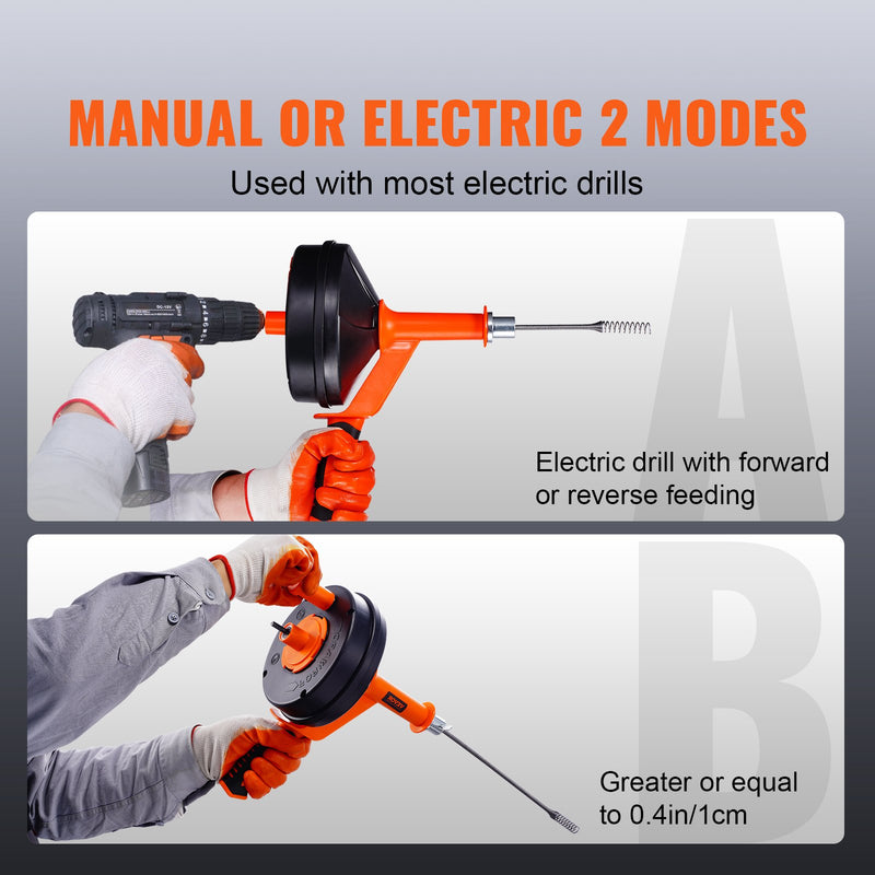 VEVOR Drain Auger 25ft 1/4in Drum Plumbing Drain Snake Clog Remover Manual-feed