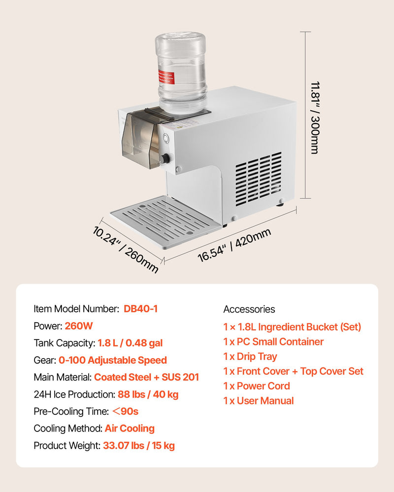 VEVOR Snowflake Ice Machine, 40KG/24H Snowflake Ice Maker, Ice-Shaver Machine with Stainless Steel Blade, Electric Snow Cone Maker with 1.8L Tank, 90S Fast Pre-Cooling, for Home & Small Gatherings