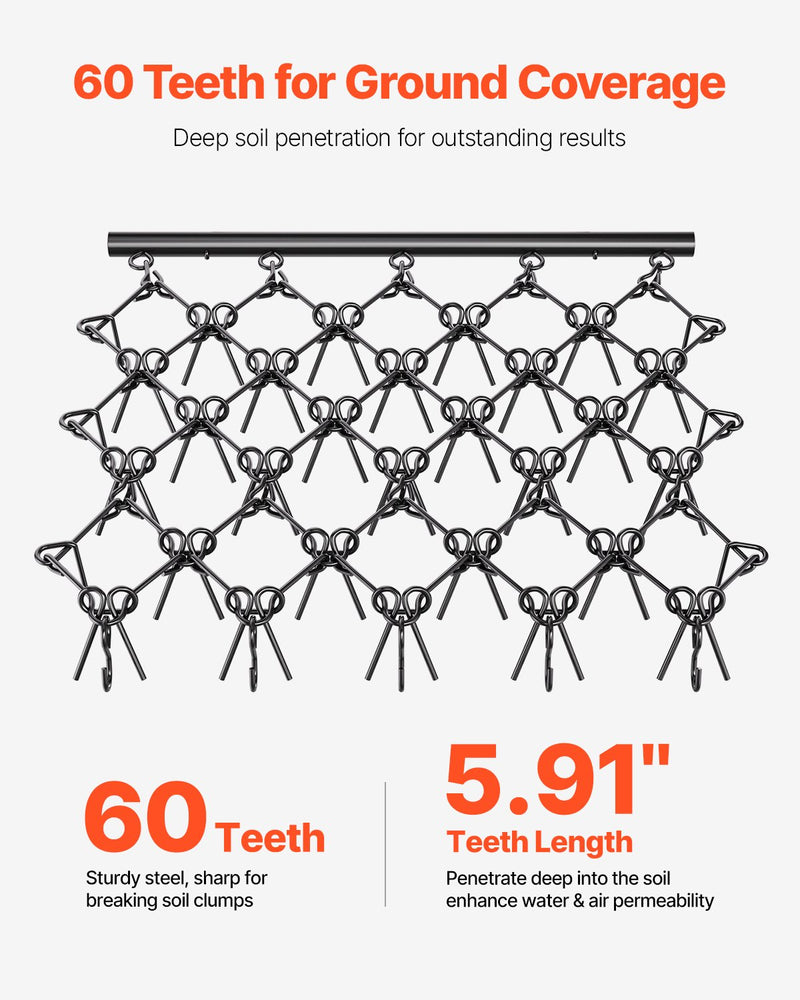 VEVOR Drag Harrow, 5 x 4.5 ft Durable Chain Harrow with 60 Sharp Teeth, Suitable for ATV UTV Tractor, Ideal for Soil Preparation, Seeding, Smoothing Landscapes, and Yard Gravel Driveway Maintenance