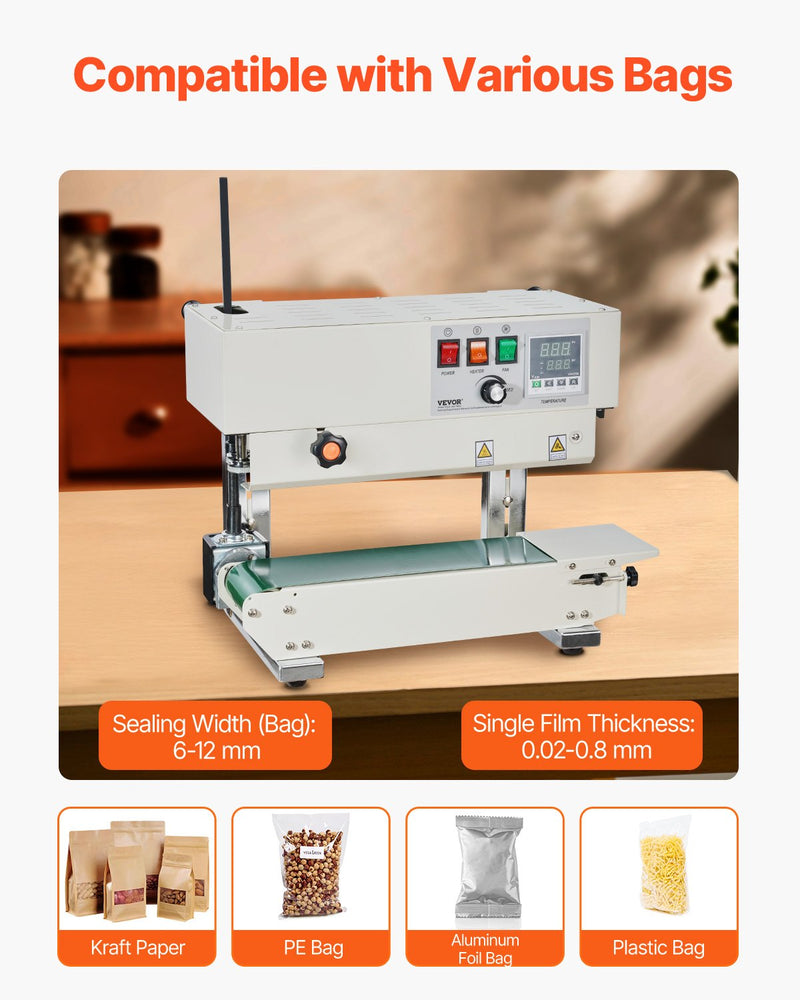 VEVOR Continuous Bag Band Sealing Machine, 6-12 mm Sealing Width, Vertical Band Sealer Machine with Digital Temperature Control, Carbon Steel Bag Sealer for 0.02-0.8 mm Plastic Bags Films Membrane