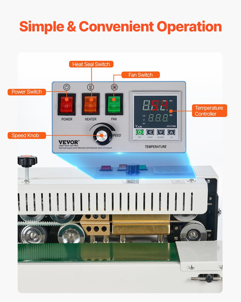 VEVOR Continuous Bag Band Sealing Machine, 6-12 mm Sealing Width, Vertical Band Sealer Machine with Digital Temperature Control, Carbon Steel Bag Sealer for 0.02-0.8 mm Plastic Bags Films Membrane