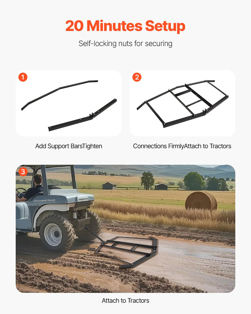 VEVOR Drag Harrow, 74" Width Tow Behind Drag Harrow, Q235 Steel Driveway Grader with Adjustable Bars & Pin Hitch, Support up to 50 lbs, Tractor Driveway Harrow for ATVs, UTVs, Garden Lawn Tractors