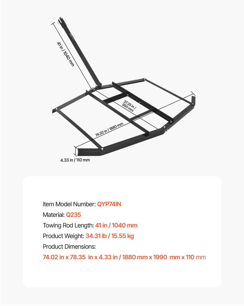 VEVOR Drag Harrow, 74" Width Tow Behind Drag Harrow, Q235 Steel Driveway Grader with Adjustable Bars & Pin Hitch, Support up to 50 lbs, Tractor Driveway Harrow for ATVs, UTVs, Garden Lawn Tractors