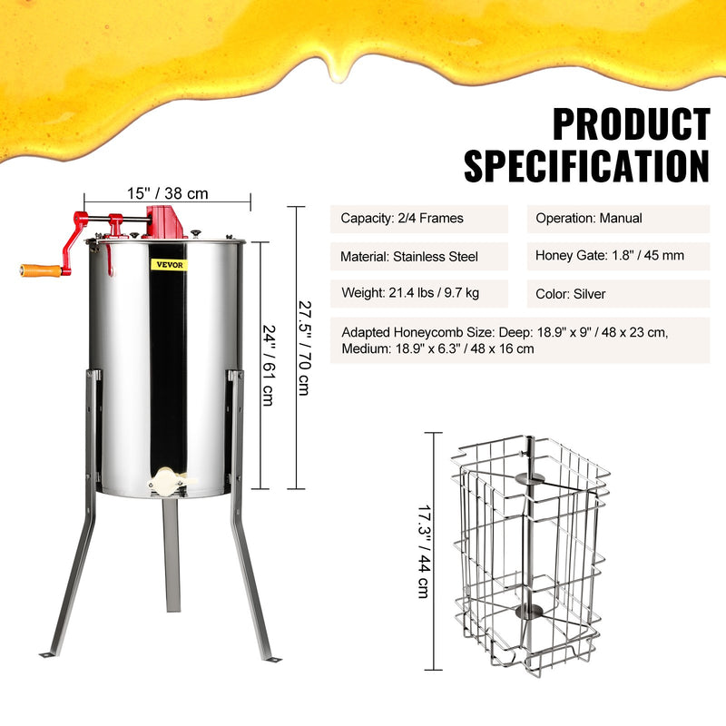 VEVOR Manual Honey Extractor, 2/4 Frames Honey Spinner Extractor, Stainless Steel Beekeeping Extraction, Honeycomb Drum Spinner with Lid, Apiary Centrifuge Equipment with Height Adjustable Stand