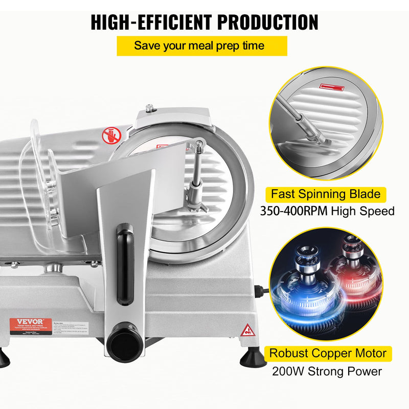 VEVOR Commercial Meat Slicer, 200W Electric Deli Food Slicer, 350-400RPM Meat Slicer with 8" Carbon Steel Blade, 0 - 0.47 inch Adjustable Thickness Electric Meat Slicer for Home and Commercial Use
