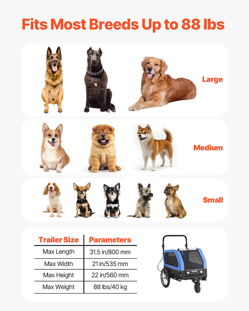 VEVOR Dog Bike Trailer, Supports up to 40 kg, 2-in-1 Pet Stroller Cart Bicycle Carrier for Small & Large Dogs, Easy Folding Frame with Quick Release Wheel, Universal Bicycle Coupler, Internal Leash