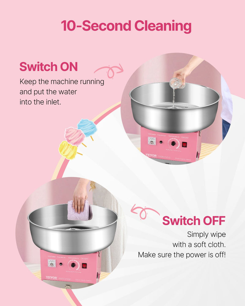 VEVOR Electric Cotton Candy Machine, 1000W Commercial Candy Floss Maker with 52cm Stainless Steel Bowl, Sugar Scoop, and Drawer, Easy Home Use, Perfect for Kids Birthday, Family Party, Pink