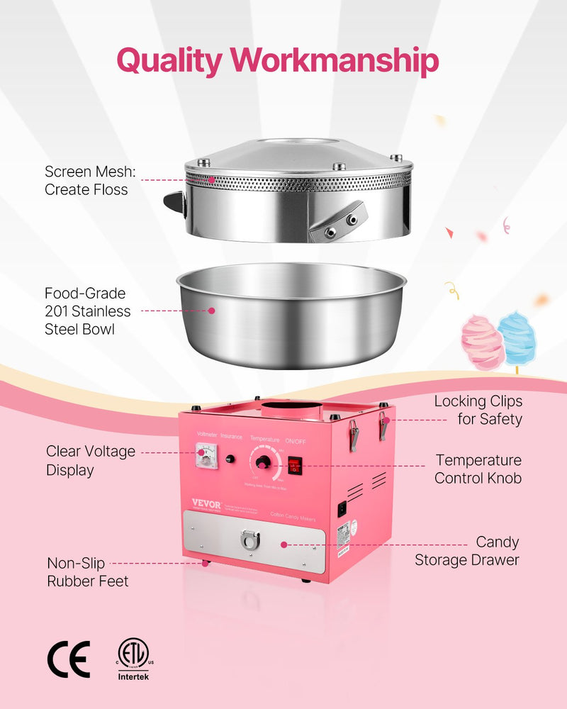 VEVOR Electric Cotton Candy Machine, 1000W Commercial Candy Floss Maker with 52cm Stainless Steel Bowl, Sugar Scoop, and Drawer, Easy Home Use, Perfect for Kids Birthday, Family Party, Pink