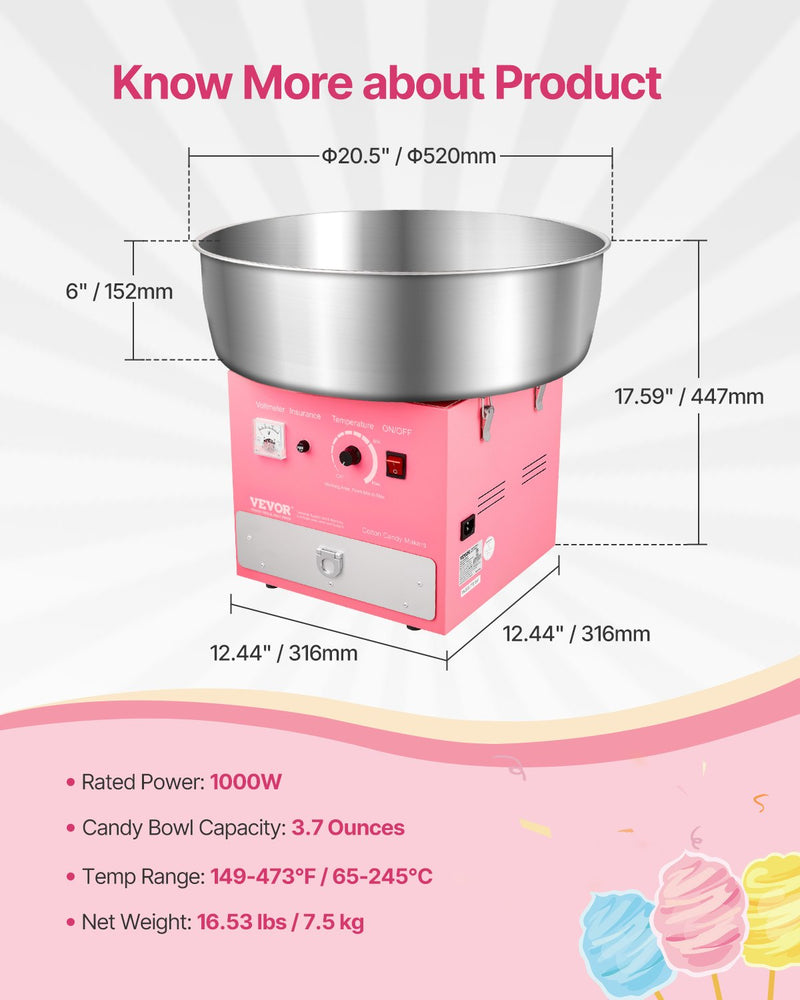 VEVOR Electric Cotton Candy Machine, 1000W Commercial Candy Floss Maker with 52cm Stainless Steel Bowl, Sugar Scoop, and Drawer, Easy Home Use, Perfect for Kids Birthday, Family Party, Pink