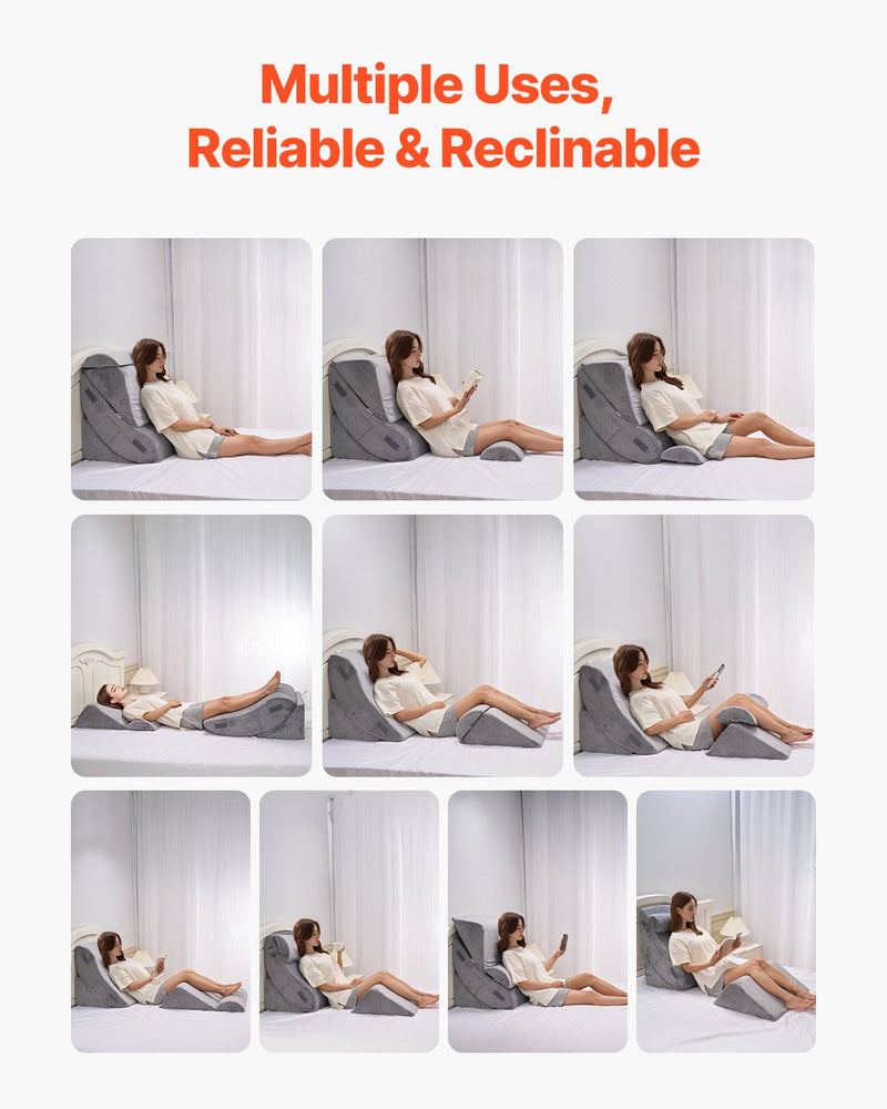 VEVOR Wedge Pillow for Sleeping, 4 Pcs Adjustable Orthopedic Bed Wedge Set, Support Leg Neck Shoulder, Post Surgery Pillow for Back Pain, Acid Reflux, Snoring Relief, Sitting up in Bed, Dark Grey