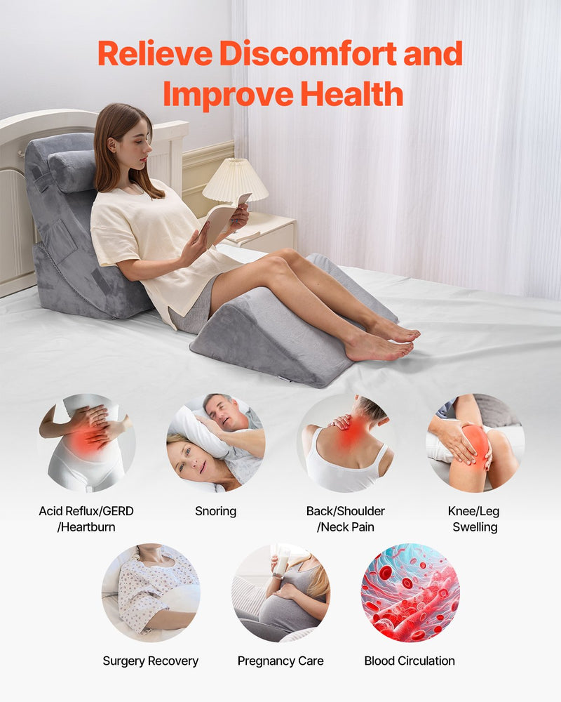 VEVOR Wedge Pillow for Sleeping, 4 Pcs Adjustable Orthopedic Bed Wedge Set, Support Leg Neck Shoulder, Post Surgery Pillow for Back Pain, Acid Reflux, Snoring Relief, Sitting up in Bed, Dark Grey