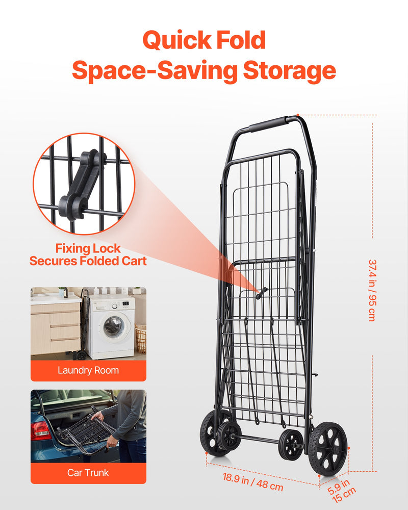 VEVOR Shopping Cart, Folding Grocery Utility Cart with Swivel Wheels, 40.8 kg Large Load Capacity, Heavy Duty Rolling Laundry Basket Butler for Laundry, Shopping, Camping, Grocery, Luggage, Black