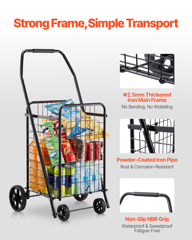 VEVOR Shopping Cart, Folding Grocery Utility Cart with Swivel Wheels, 40.8 kg Large Load Capacity, Heavy Duty Rolling Laundry Basket Butler for Laundry, Shopping, Camping, Grocery, Luggage, Black