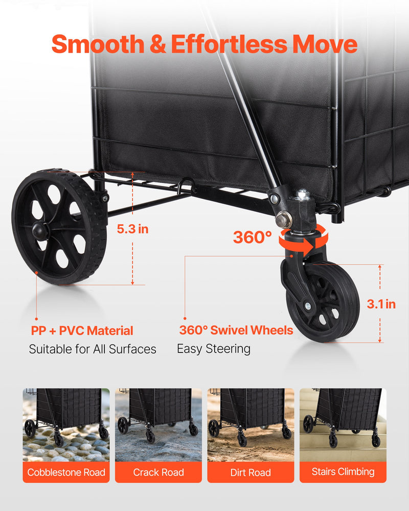 VEVOR Shopping Cart, Folding Grocery Utility Cart with Dual Baskets, Waterproof Liner & Wheels, 45 KG Large Load Capacity, Heavy Duty Laundry Basket for Laundry, Shopping, Camping, Grocery, Luggage
