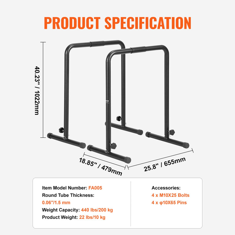 VEVOR Dip Bars, 200 kg Capacity, Heave Duty Dip Stand Station with Adjustable Height, Fitness Workout Dip Bar Station Stabilizer Parallette Push Up Stand, Parallel Bars for Strength Training Home Gym