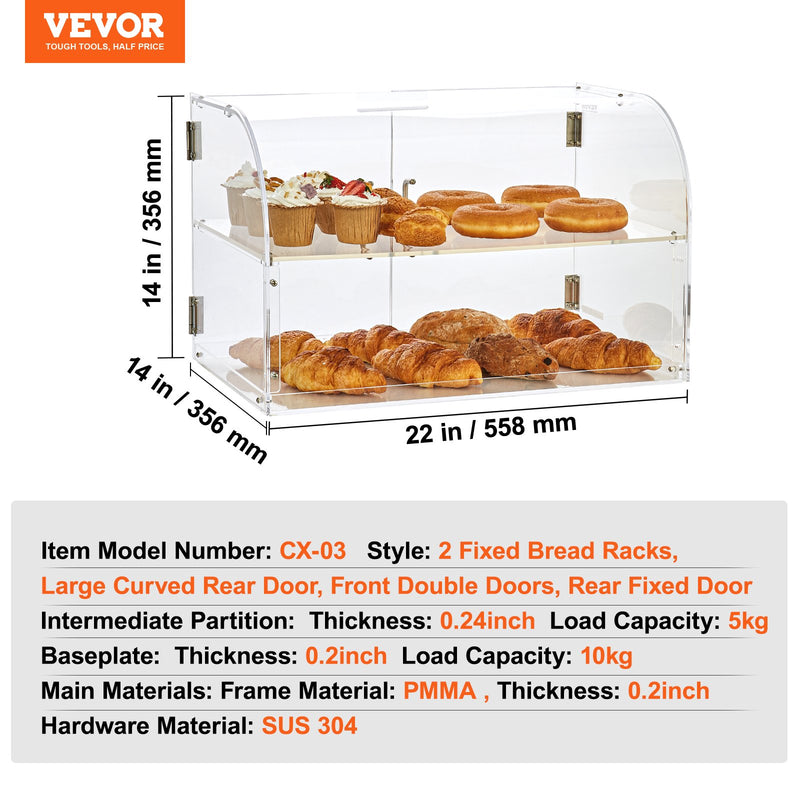 VEVOR Pastry Display Case, 2-Tier Commercial Countertop Bakery Display Case, Acrylic Display Box with Rear Door Access & Removable Shelves, Keep Fresh for Donut Bagels Cake Cookie