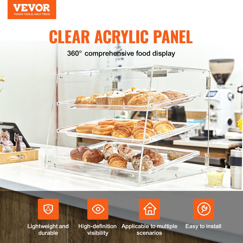 VEVOR Pastry Display Case, 3-Tier Commercial Countertop Bakery Display Case, Acrylic Display Box with Rear Door Access & Removable Shelves, Keep Fresh for Donut Bagels Cake Cookie