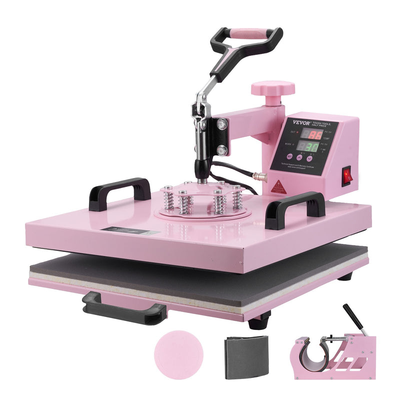 VEVOR Heat Press Machine, 15 x 15 inch, 5 in 1 Heat Transfer Machine with 30 oz Tumbler Press, 360° Swing Away T-Shirt Pressing, Digital Precise Control, for T-Shirts/Mugs/Hats/Plates, Pink
