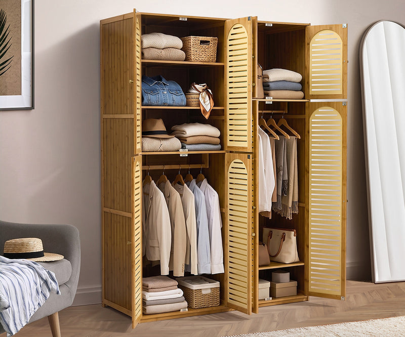 Oikiture Bamboo Wardrobe Clothes Storage 8 Doors with 7 Shelves