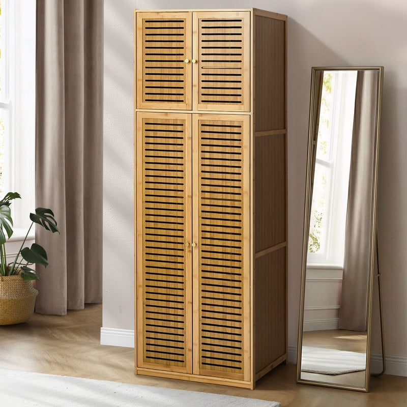 Oikiture Bamboo Wardrobe 4 Doors Storage Cabinet Hanging Rod Natural