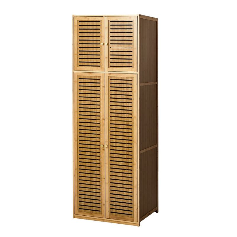 Oikiture Bamboo Wardrobe 4 Doors Storage Cabinet Hanging Rod Natural