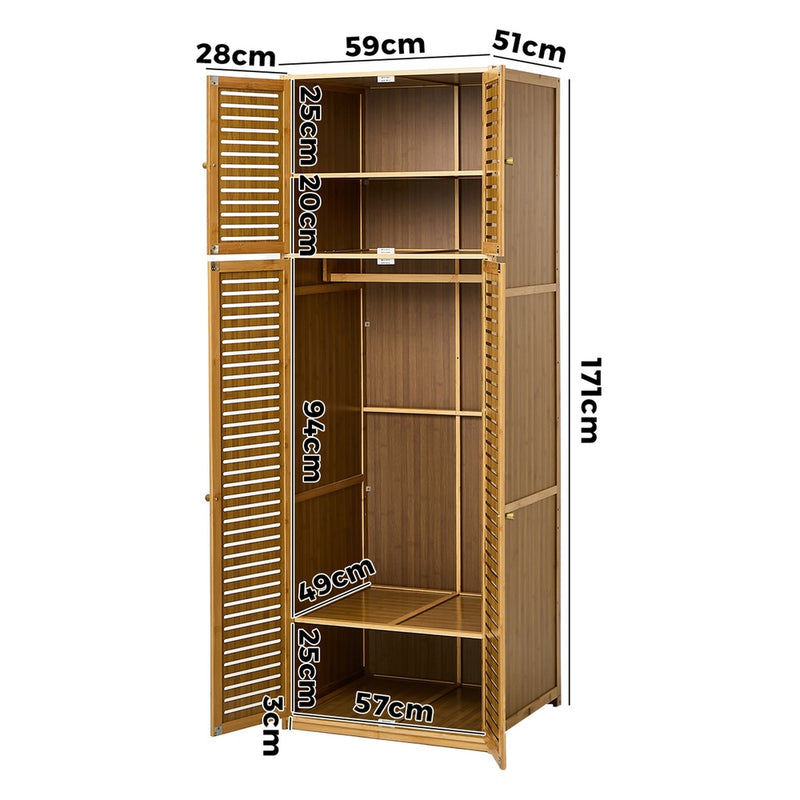 Oikiture Bamboo Wardrobe 4 Doors Storage Cabinet Hanging Rod Natural