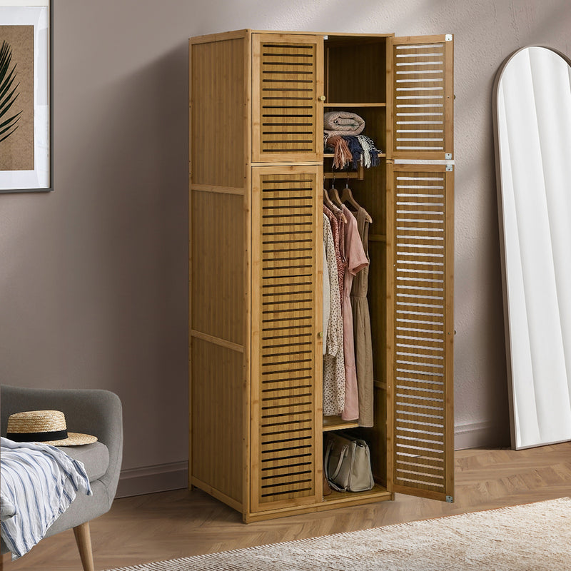 Oikiture Bamboo Wardrobe 4 Doors Storage Cabinet Hanging Rod Natural