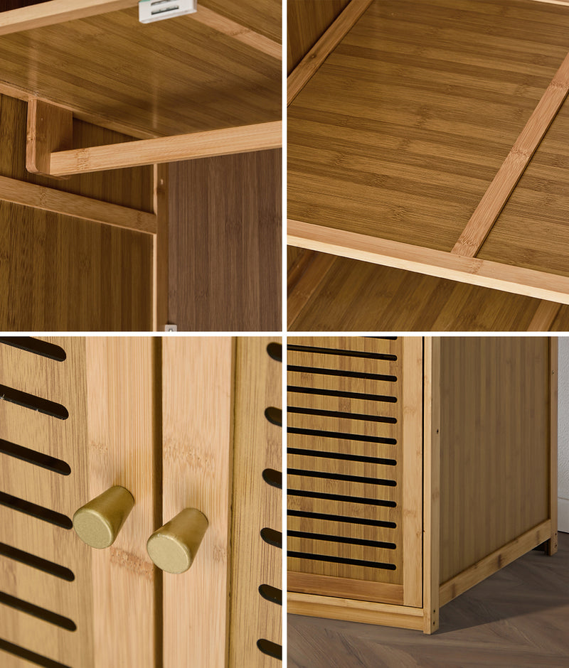 Oikiture Bamboo Wardrobe 4 Doors Storage Cabinet Hanging Rod Natural