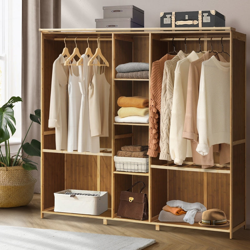 Oikiture Open Wardrobe Clothes Storage Hanging Rail Bamboo