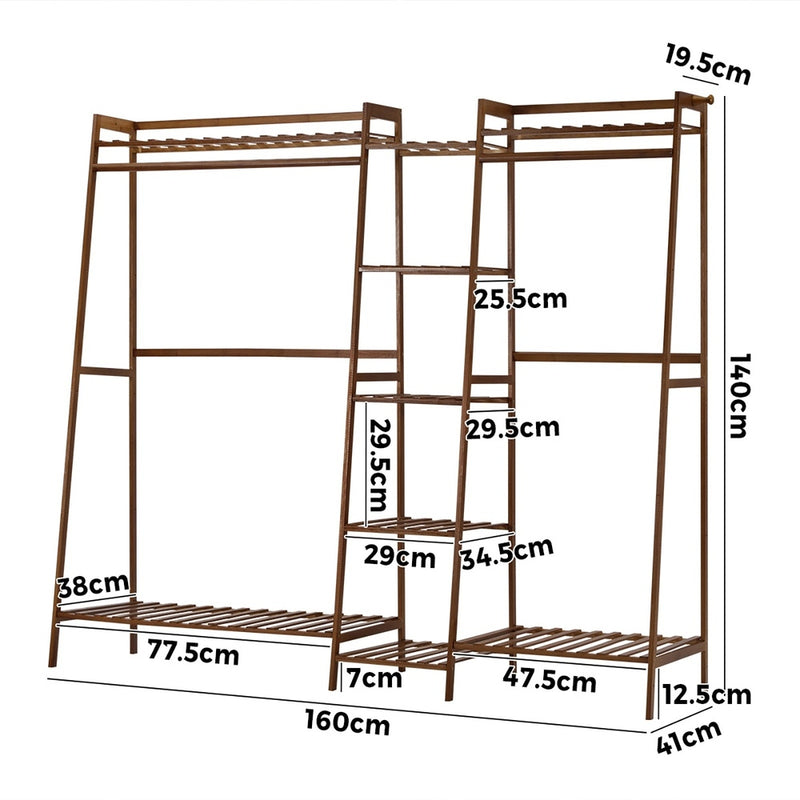 Oikiture Clothes Rack Open Wardrobe Hanging Rail Bamboo 9 Shelves
