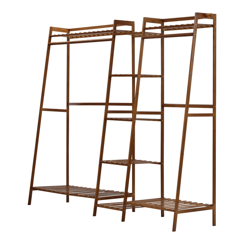 Oikiture Clothes Rack Open Wardrobe Hanging Rail Bamboo 9 Shelves