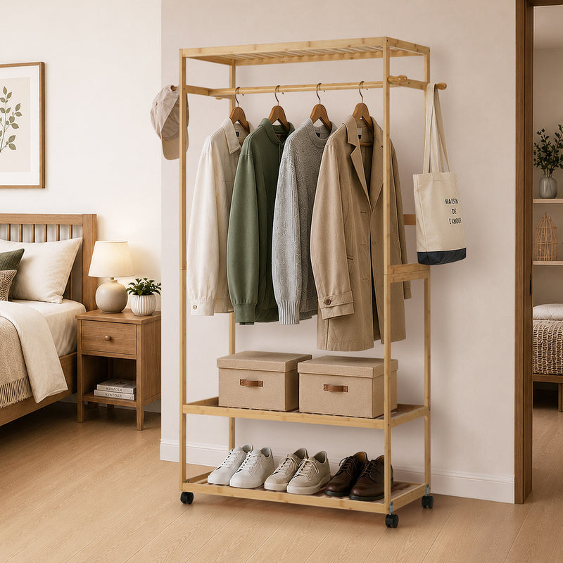 Oikiture Clothes Rack Open Wardrobe Bamboo 2 Shelves Wheels