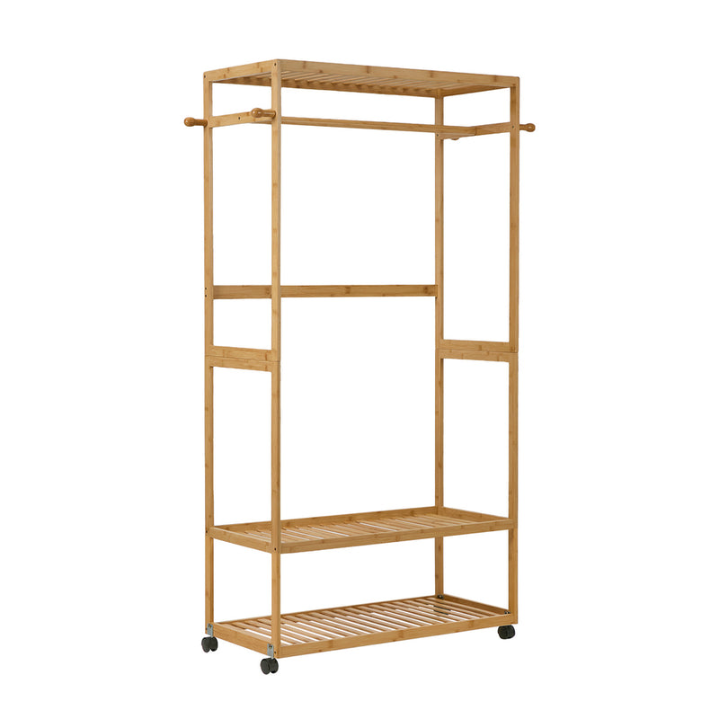 Oikiture Clothes Rack Open Wardrobe Bamboo 2 Shelves Wheels