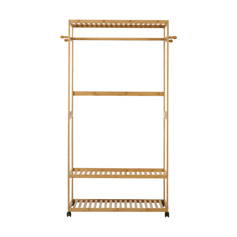 Oikiture Clothes Rack Open Wardrobe Bamboo 2 Shelves Wheels