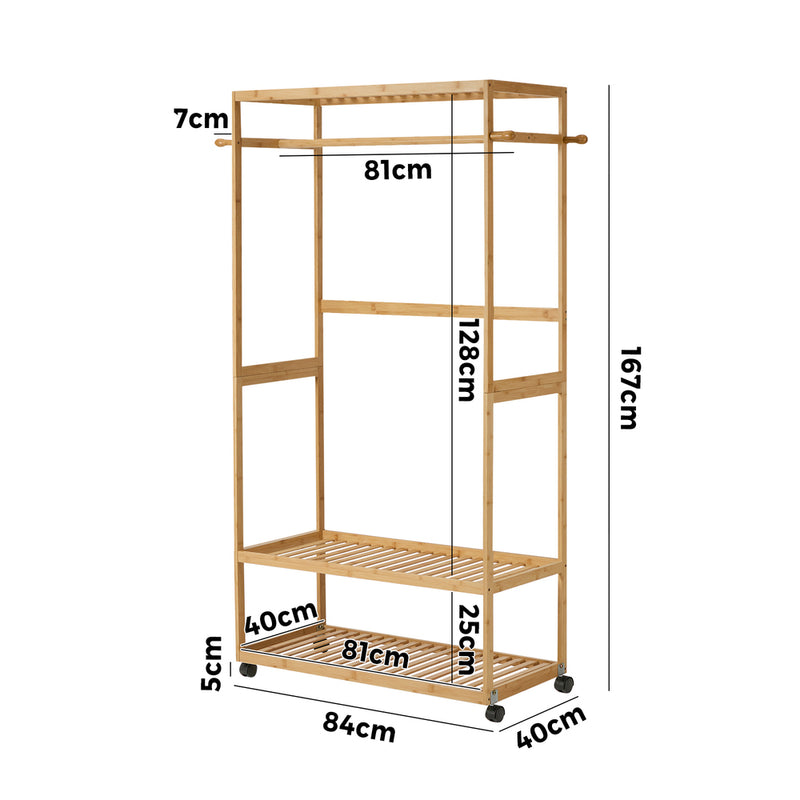 Oikiture Clothes Rack Open Wardrobe Bamboo 2 Shelves Wheels