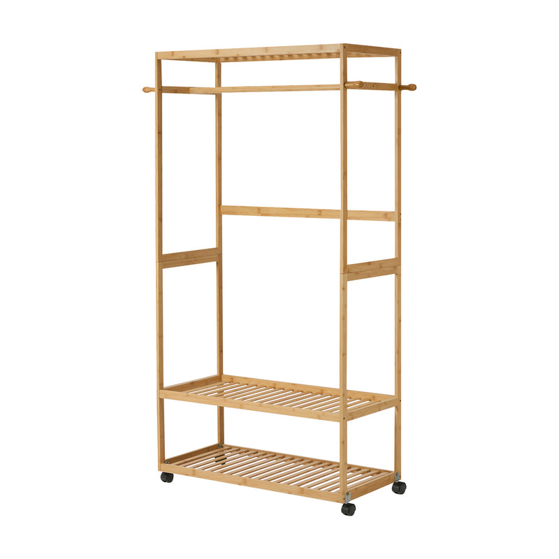 Oikiture Clothes Rack Open Wardrobe Bamboo 2 Shelves Wheels