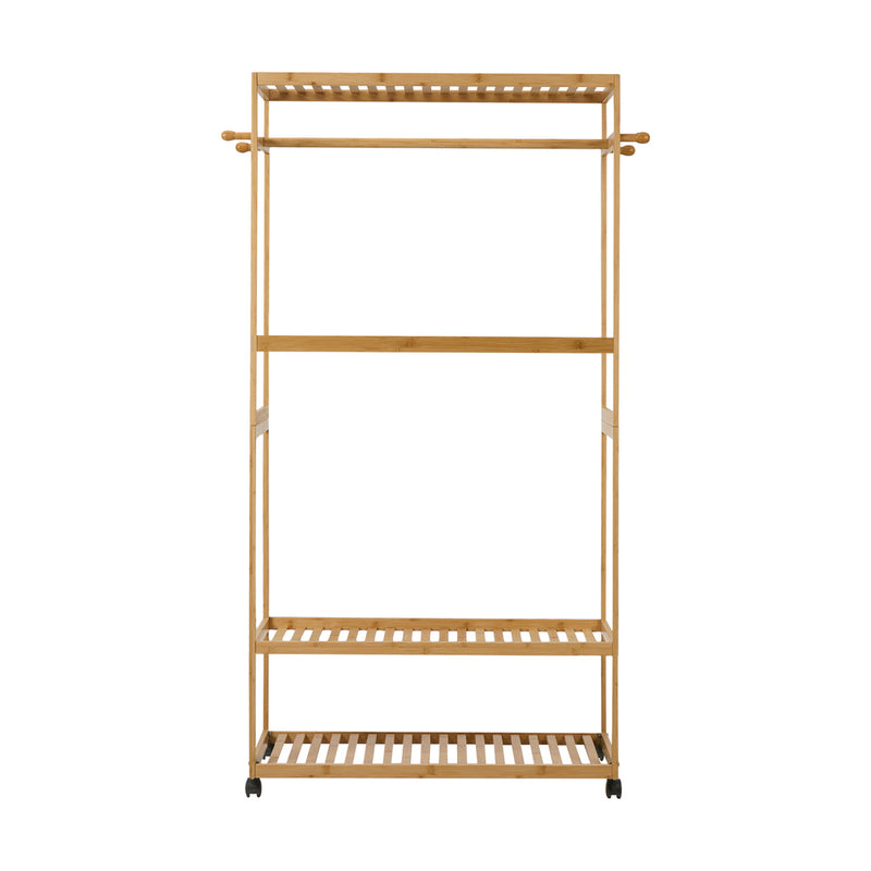 Oikiture Clothes Rack Open Wardrobe Bamboo 2 Shelves Wheels