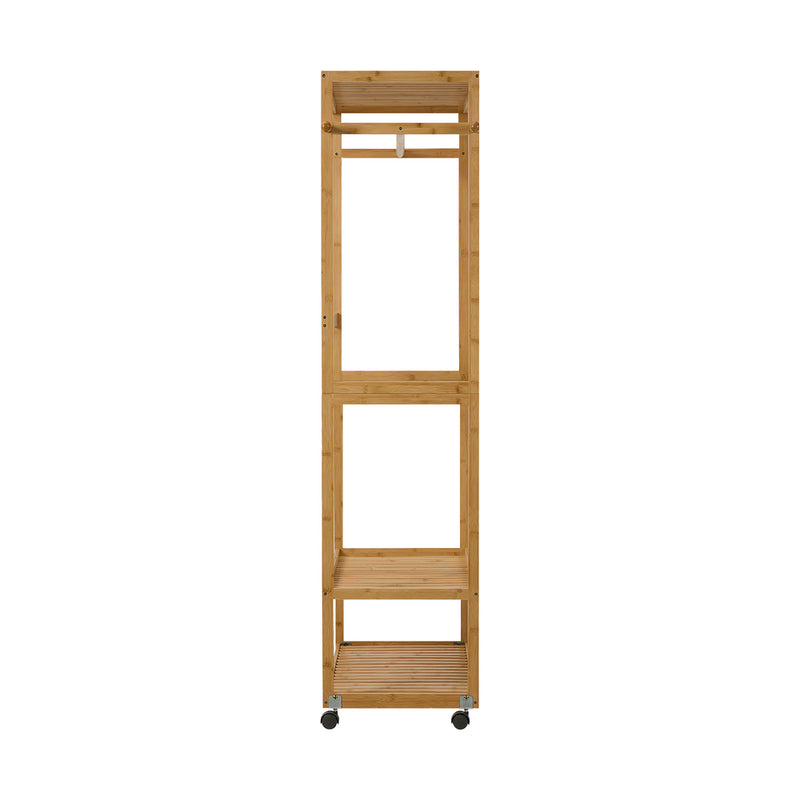 Oikiture Clothes Rack Open Wardrobe Bamboo 2 Shelves Wheels