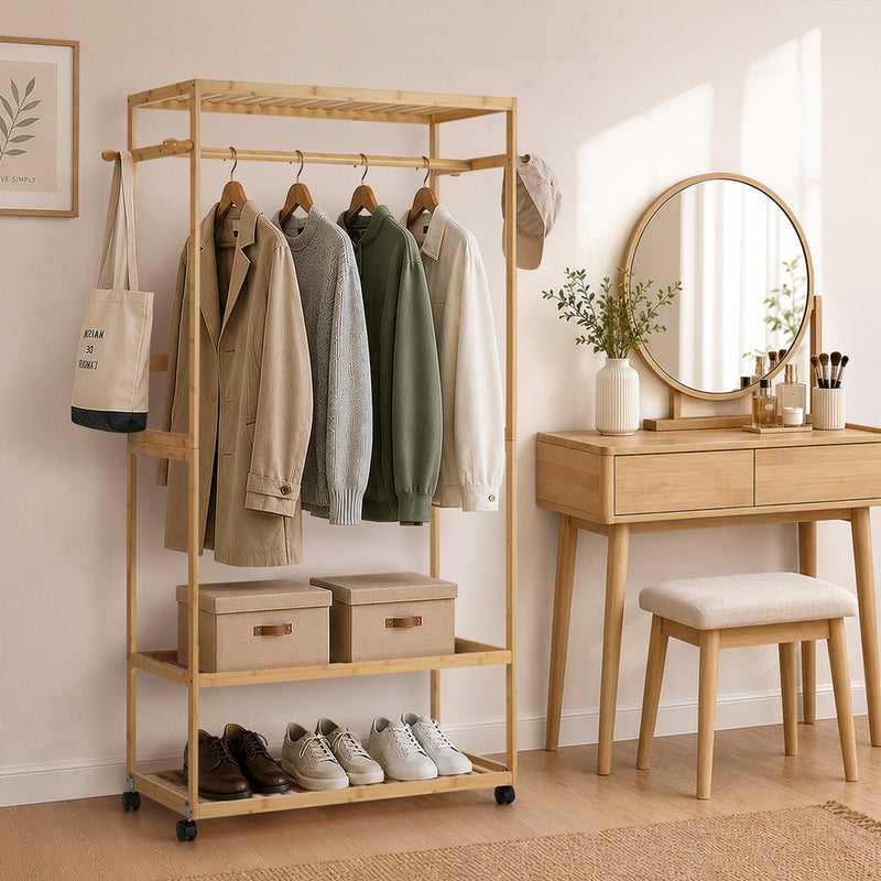 Oikiture Clothes Rack Open Wardrobe Bamboo 2 Shelves Wheels