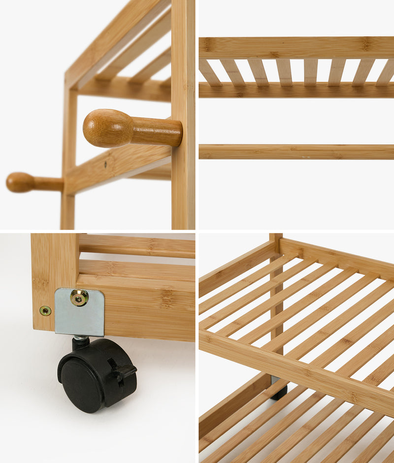 Oikiture Clothes Rack Open Wardrobe Bamboo 2 Shelves Wheels
