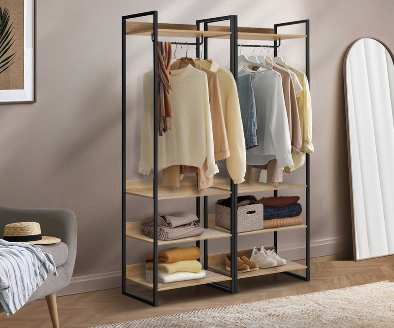 Oikiture Clothes Rack Open Wardrobe 4 shelves Hanging Rail Metal