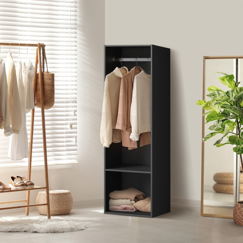 Oikiture Open Wardrobe Shelf Unit 2 Shelves Hanging Rail Black