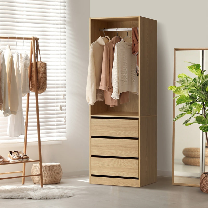 Oikiture Wardrobe 3 Drawers Hanging Rail Natural