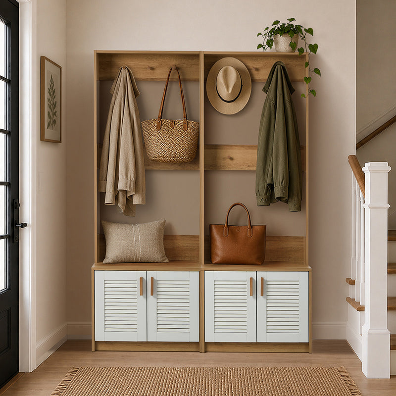 Oikiture Tree Wardrobe Shelf Bench Coat Rack Entryway Storage Natural