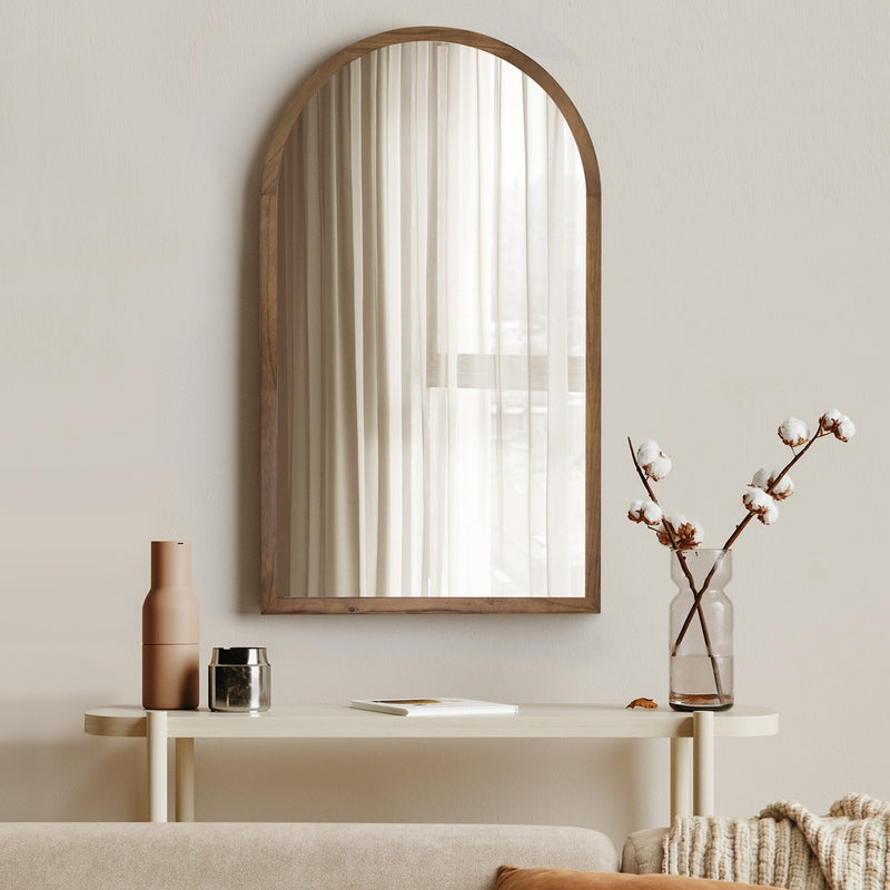 Oikiture Arched Wall Mirrors Home Makeup Mirror 86x50cm Brown Wood