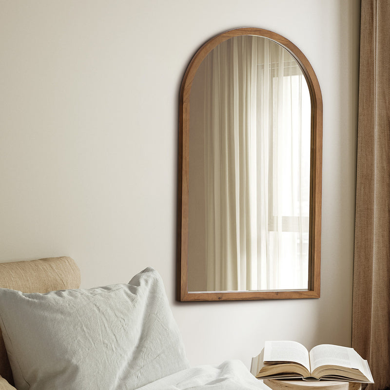 Oikiture Arched Wall Mirrors Home Makeup Mirror 86x50cm Brown Wood
