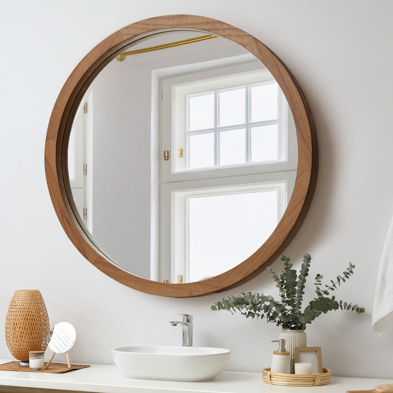 Oikiture Wall Mirrors 90cm Round Makeup Mirror Decor Bathroom Walnut