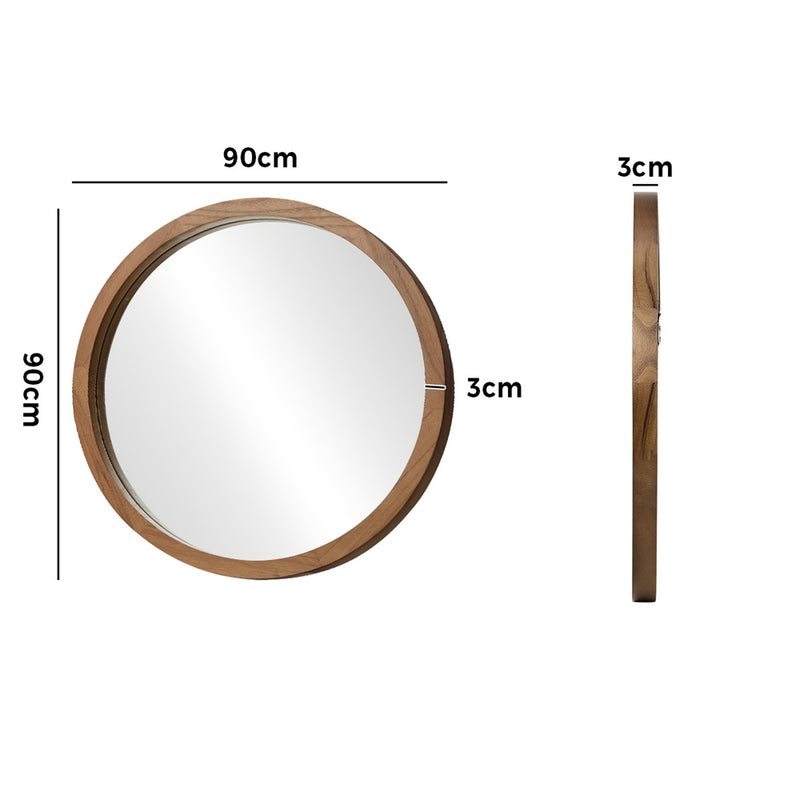 Oikiture Wall Mirrors 90cm Round Makeup Mirror Decor Bathroom Walnut